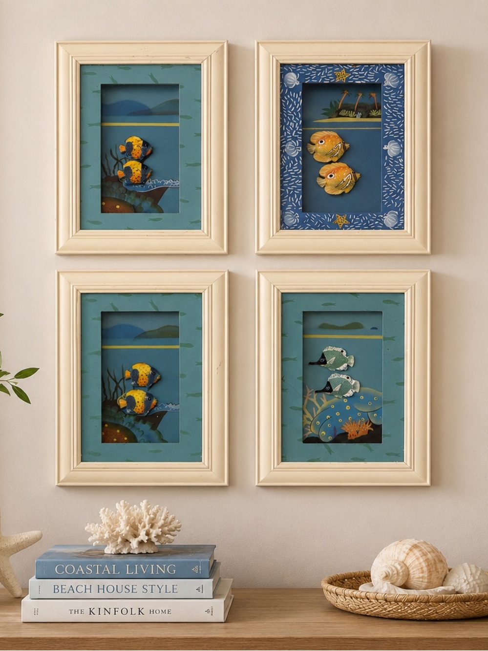 Set‎ of 4 Coastal Tropical Fish Shadow Box Wall Art Framed 3D Nautical